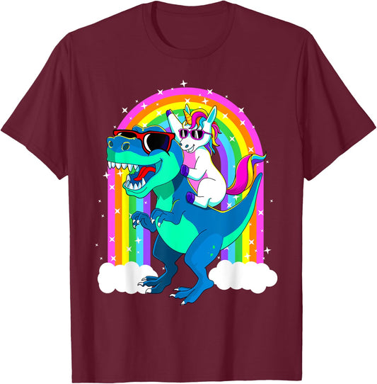 Unicorn Riding Trex Dinosaur Gift Girls Boys Kids Men Women T-Shirt - T-Shirt | Maroon