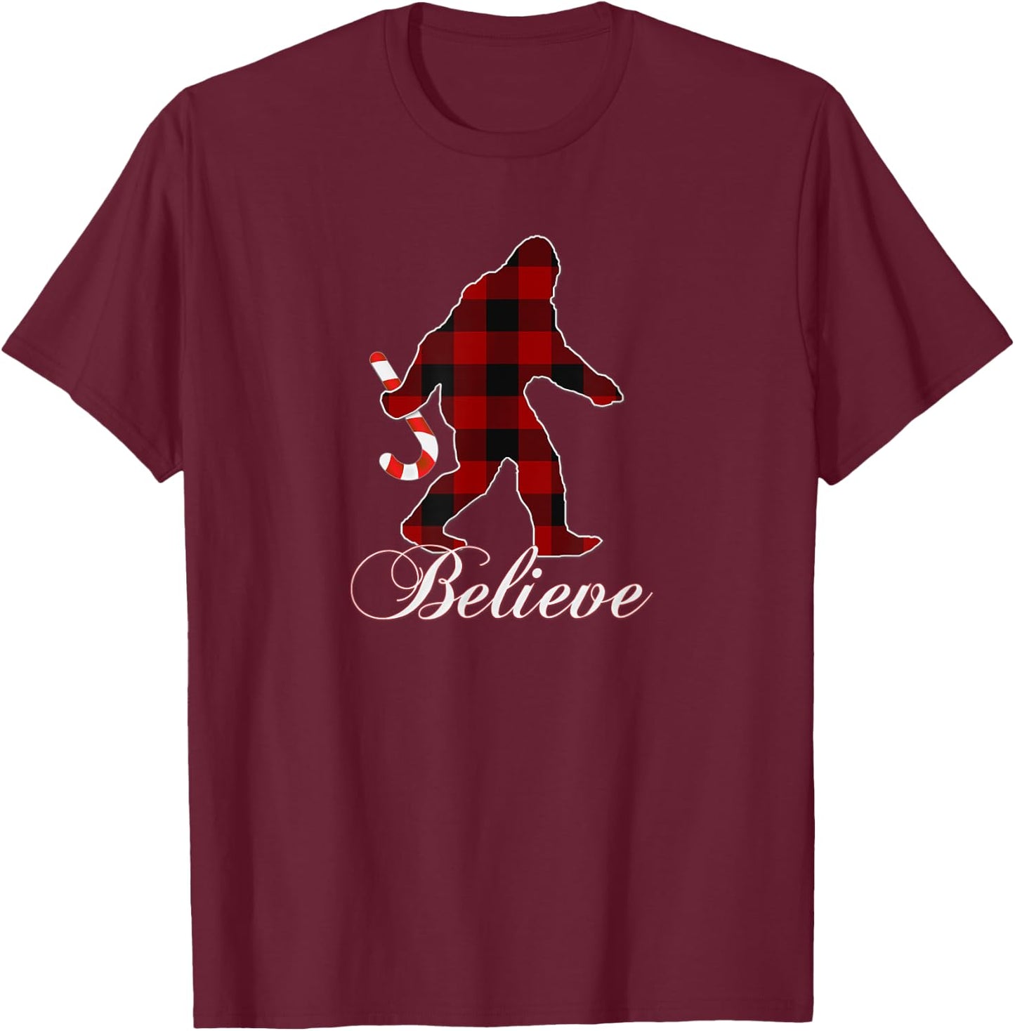 Bigfoot Buffalo Plaid Believe Candy Cane Christmas Pajamas T-Shirt - T-Shirt | Maroon