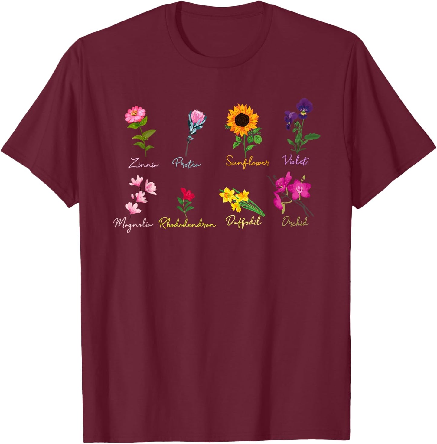 Vintage Inspired Flower Botanical Chart T-Shirt - T-Shirt | Maroon