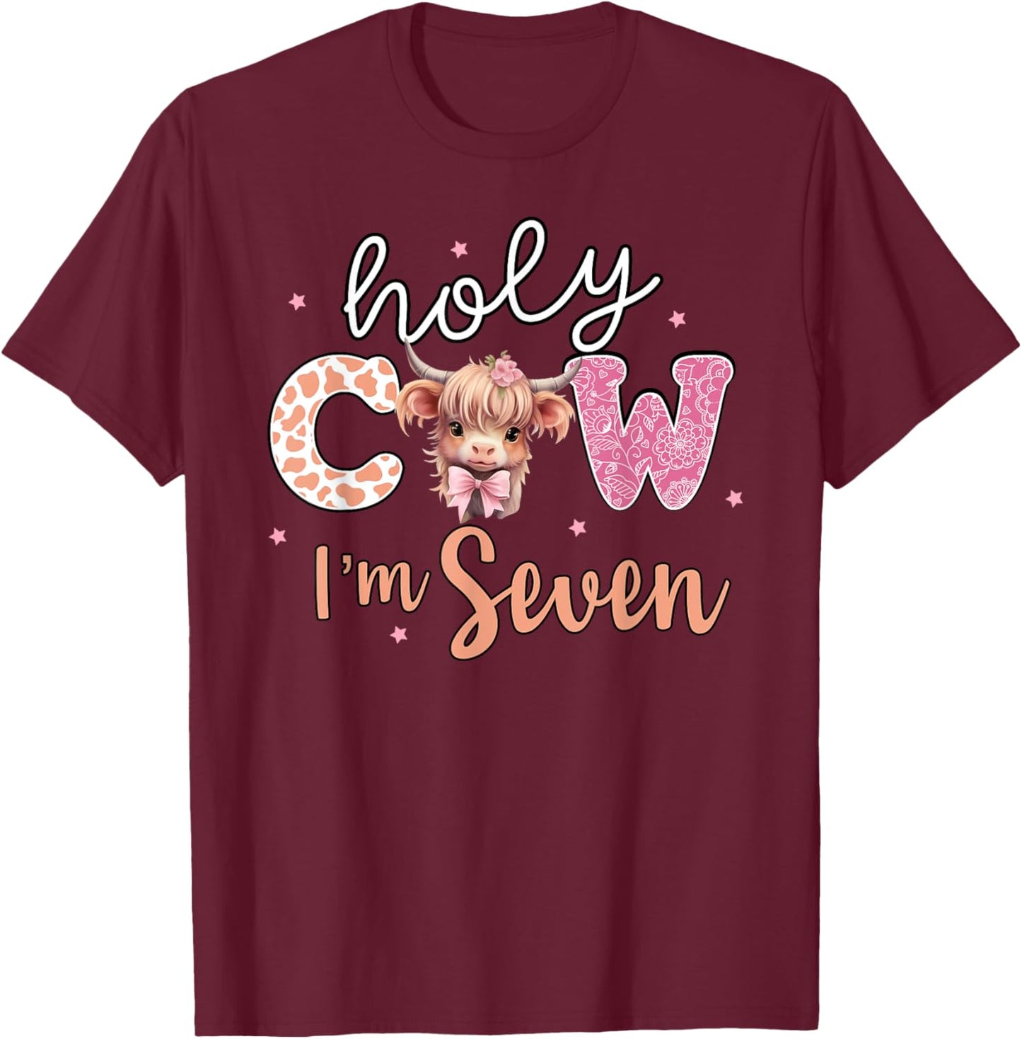7th Birthday Shirt For Girls 7 Year Old Highland Cow Print T-Shirt - T-Shirt | Maroon