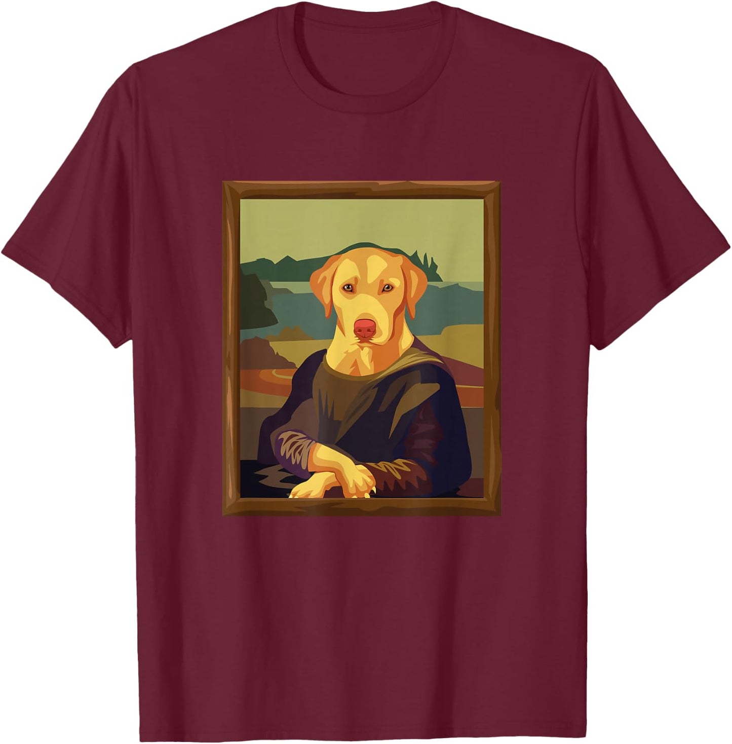 Funny Mona Lisa Yellow Lab Dog Art Parody T-Shirt - T-Shirt | Maroon