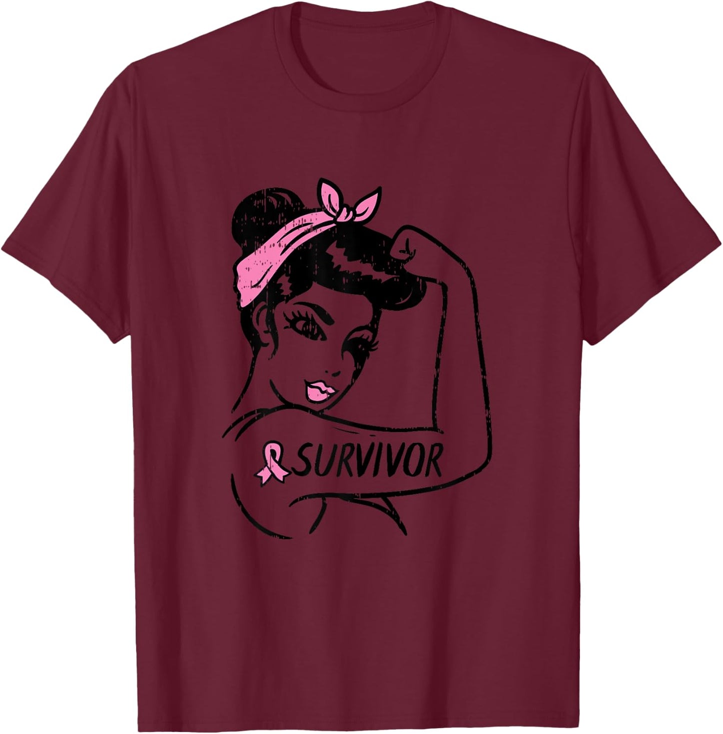 Breast Cancer Survivor Rosie Riveter Pink Awareness Women T-Shirt - T-Shirt | Maroon