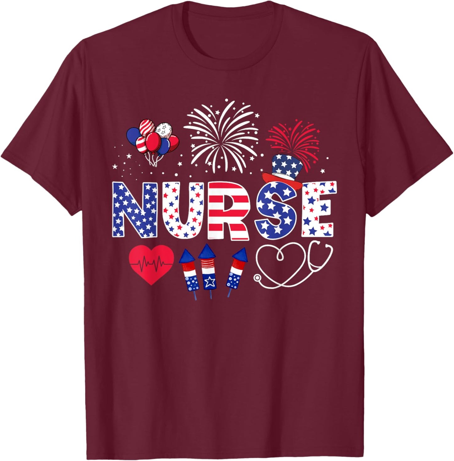 4th of July Nurse American Flag Fourth Of July Nurse T-Shirt - T-Shirt | Maroon