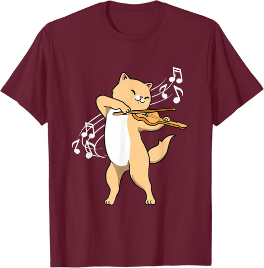 Cat Playing Violin Violinist T-Shirt - T-Shirt | Maroon