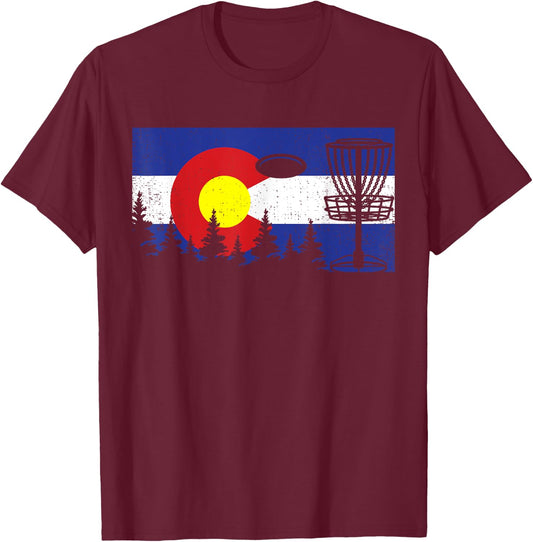 Colorado Flag Disc Golf Gift Disk Frisbees Golfer Golfing T-Shirt - T-Shirt | Maroon
