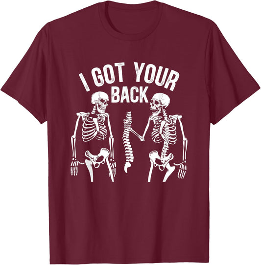 Addictive Designs Halloween Merch Funny Halloween Skeleton, I Got Your Back - Black, -Adults, Small, Short Sleeve T-Shirt - T-Shirt | Maroon