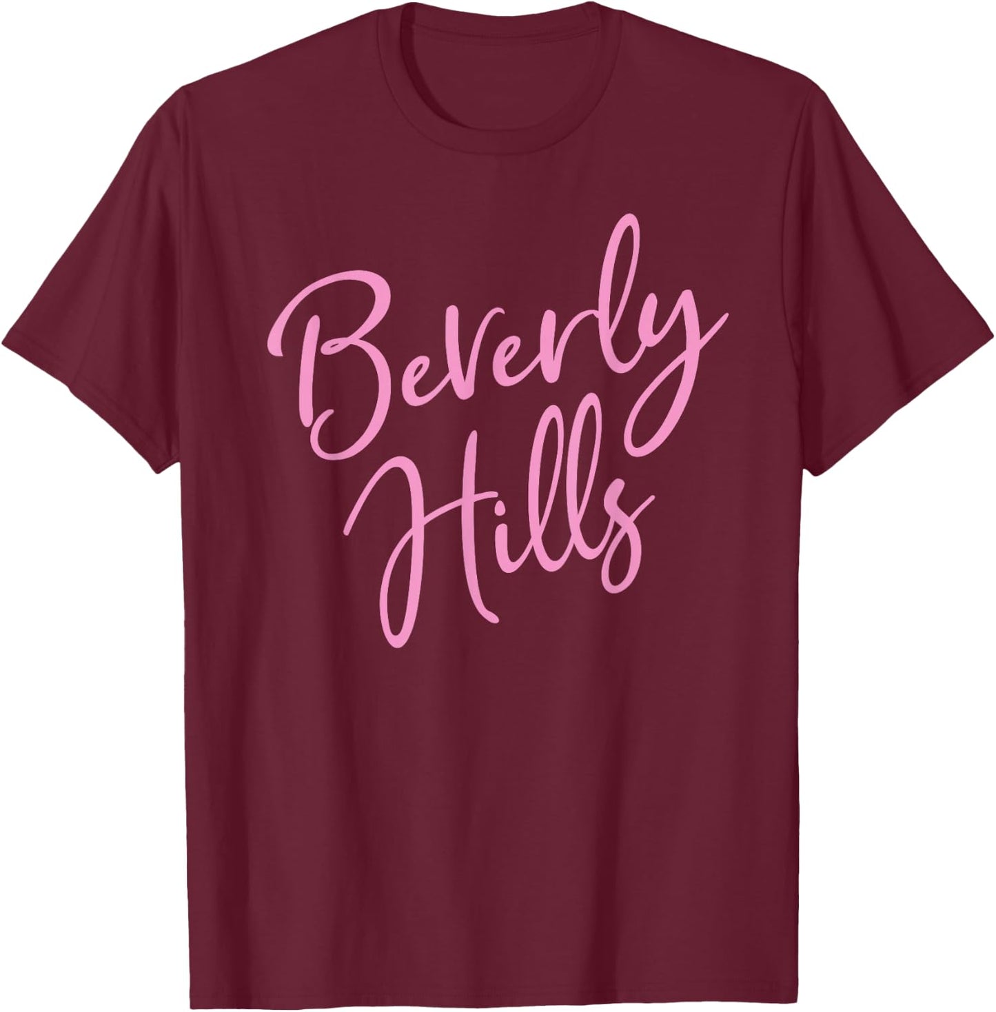 Beverly Hills Script Text Pink Print T-Shirt - T-Shirt | Maroon