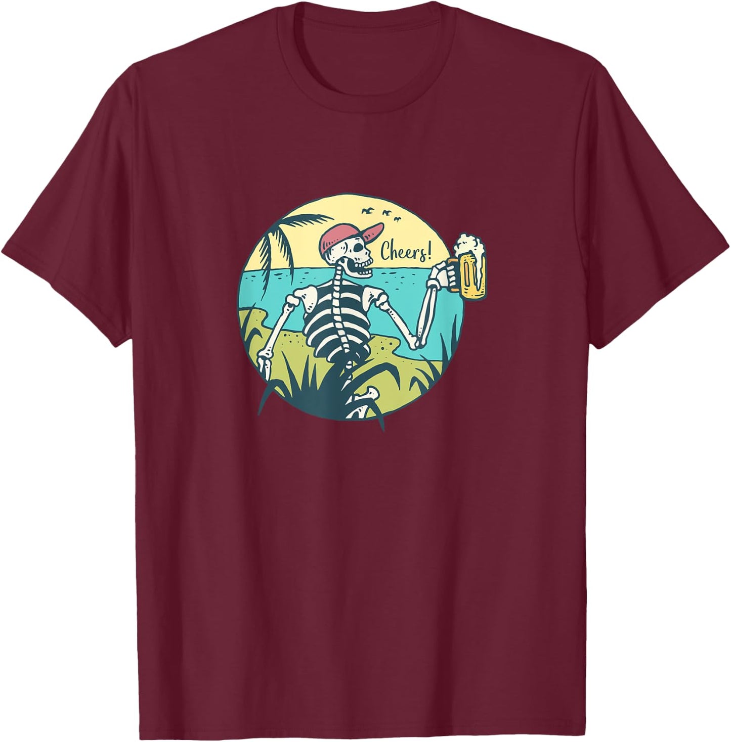 Skeleton On An Island Drinking Mug of Beer T-Shirt - T-Shirt | Maroon