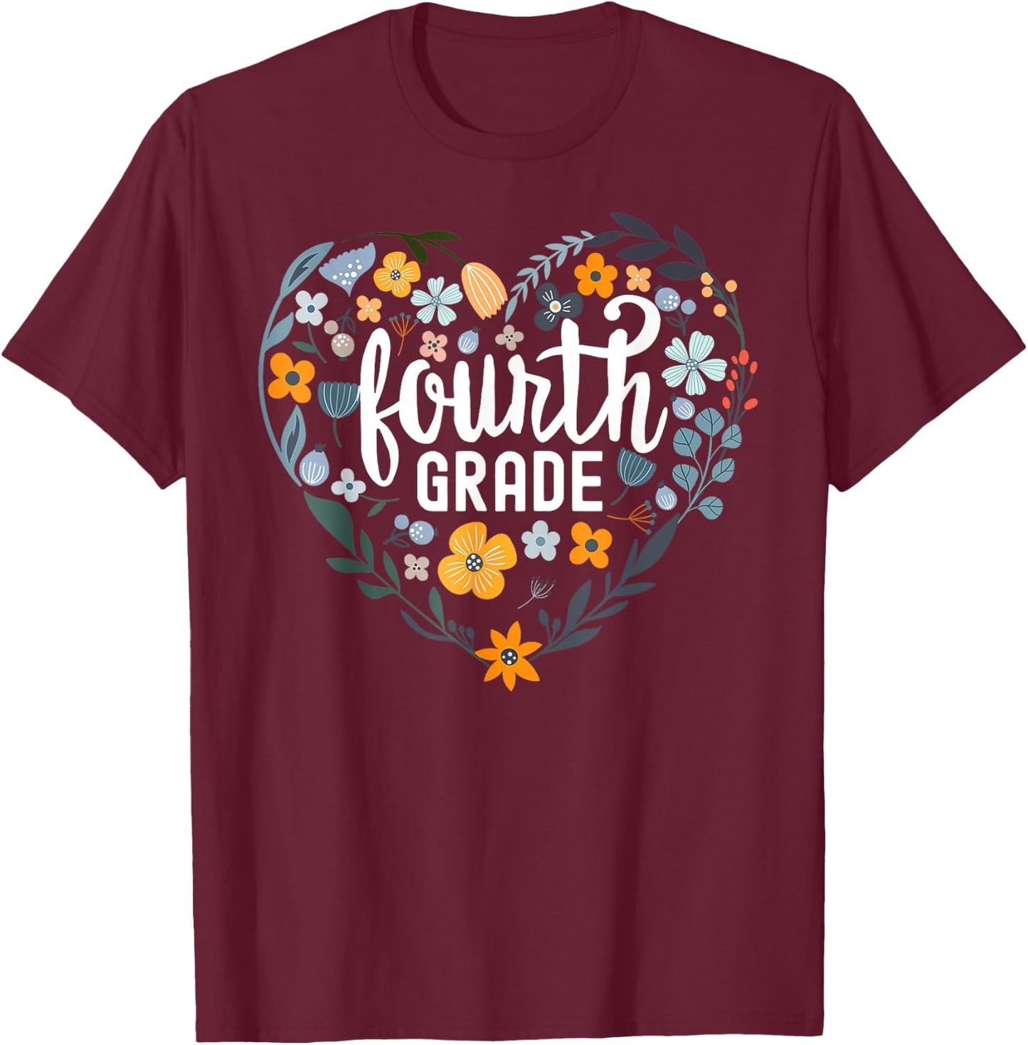 Fourth 4th Grade Floral Heart Back To School Wildflower Girl T-Shirt - T-Shirt | Maroon