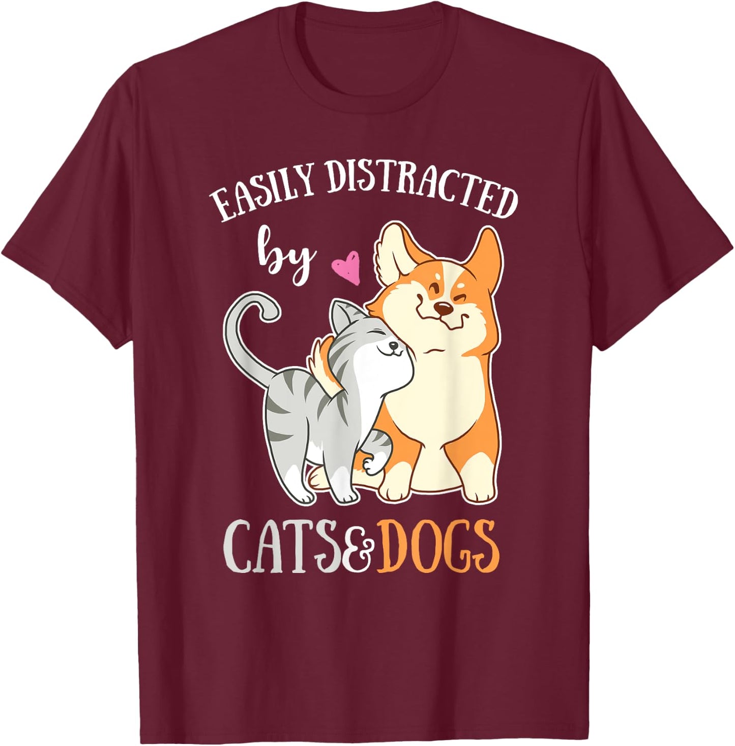 Easily Distracted By Cats And Dogs Corgi Kitten Kids T-Shirt - T-Shirt | Maroon