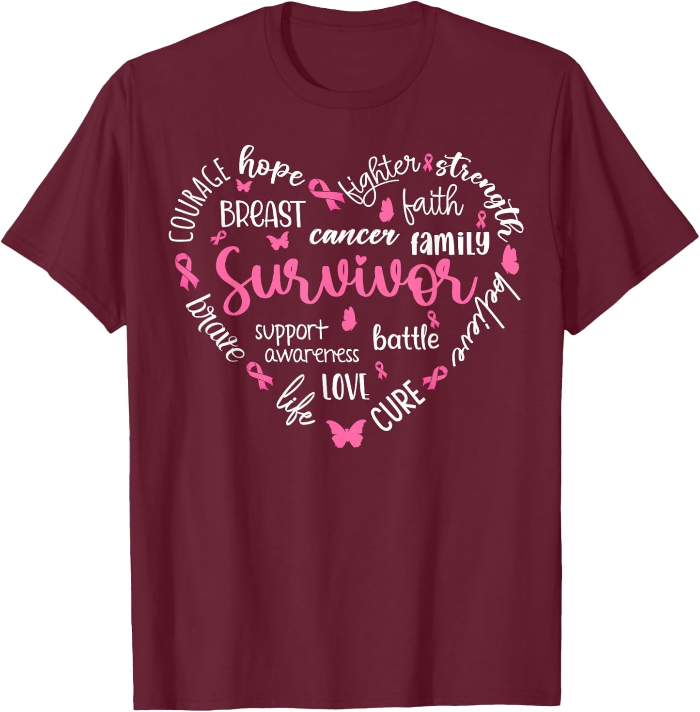 Pink Ribbon Heart Breast Cancer Awareness Survivor Warrior T-Shirt - T-Shirt | Maroon