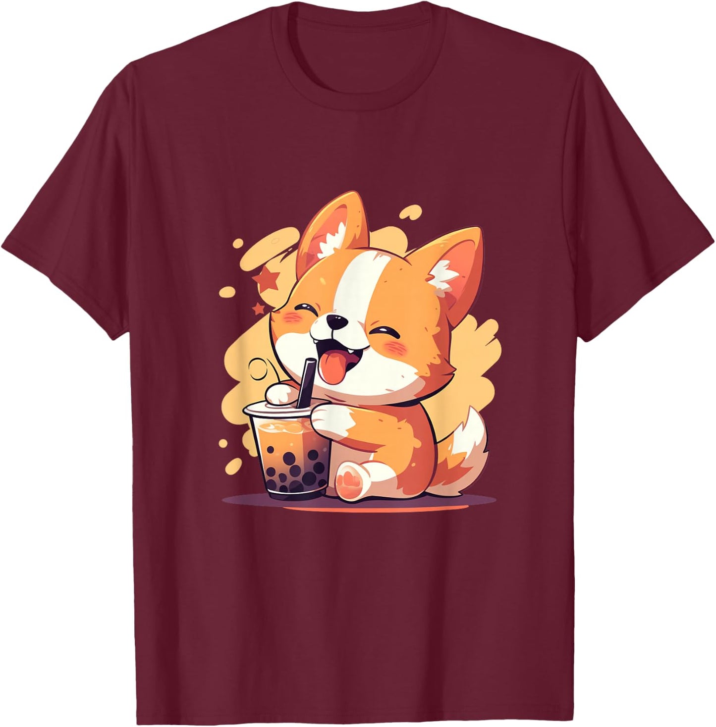 Cute Kawaii Corgi Drinking Boba Tea T-Shirt - T-Shirt | Maroon