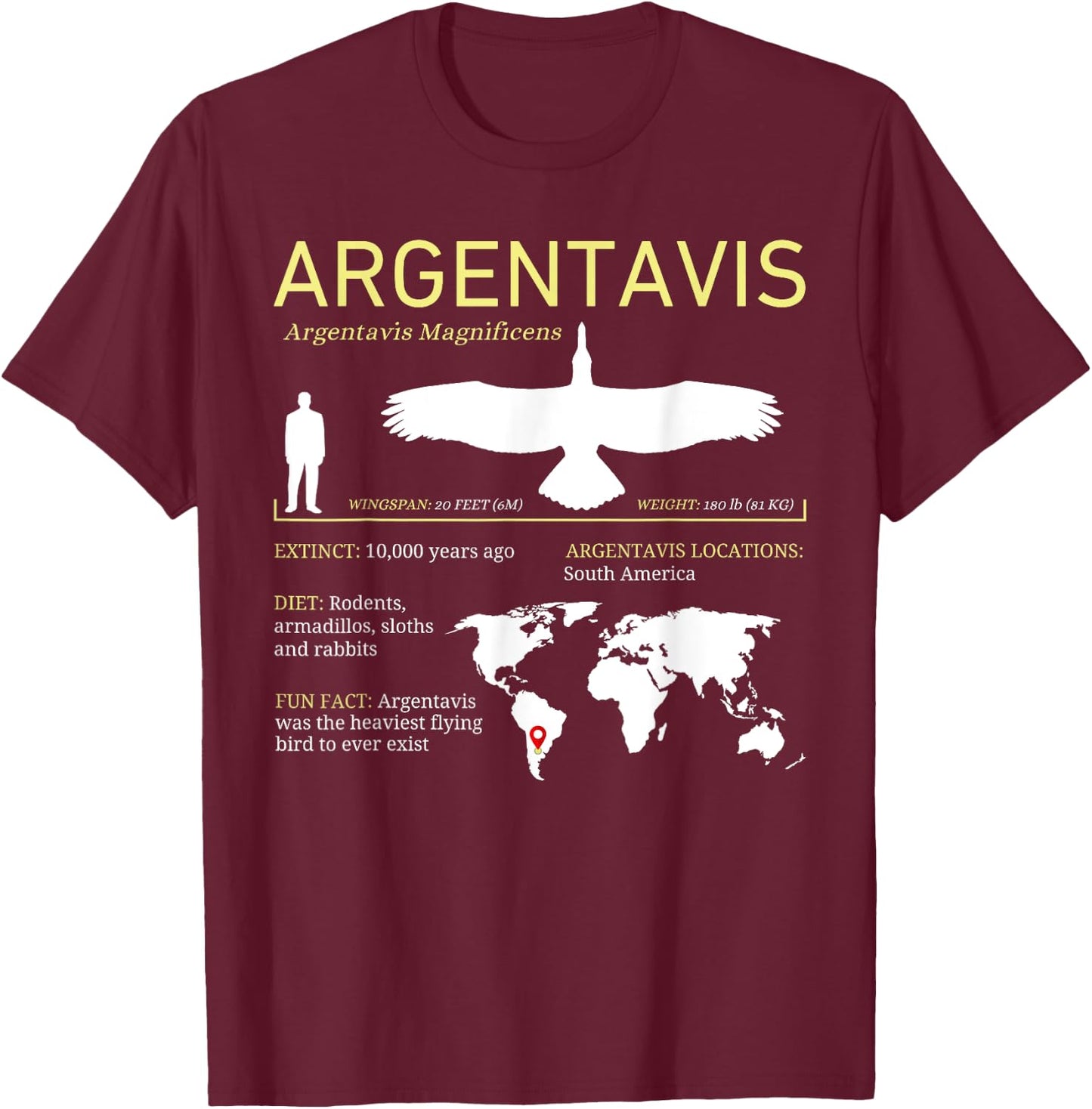 Argentavis Extinct Prehistoric Giant Flying Bird T-Shirt - T-Shirt | Maroon