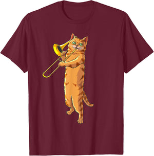 Funny Cat Playing Trombone Gift | Cool Kitten Musician Fan T-Shirt - T-Shirt | Maroon