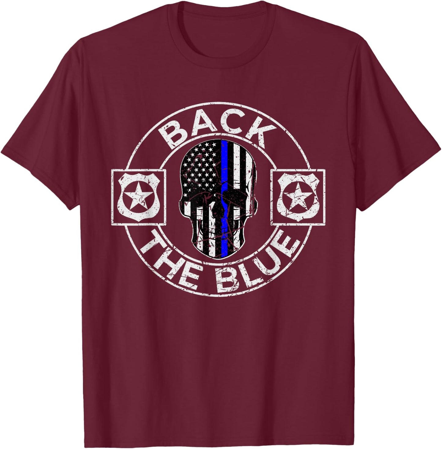 Back The Blue Thin Line Distressed American Flag Skull T-Shirt - T-Shirt | Maroon