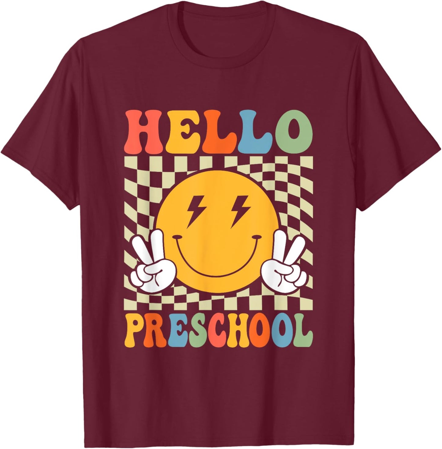First Day Hello Preschool Teacher Boy Girl Back To School T-Shirt - T-Shirt | Maroon