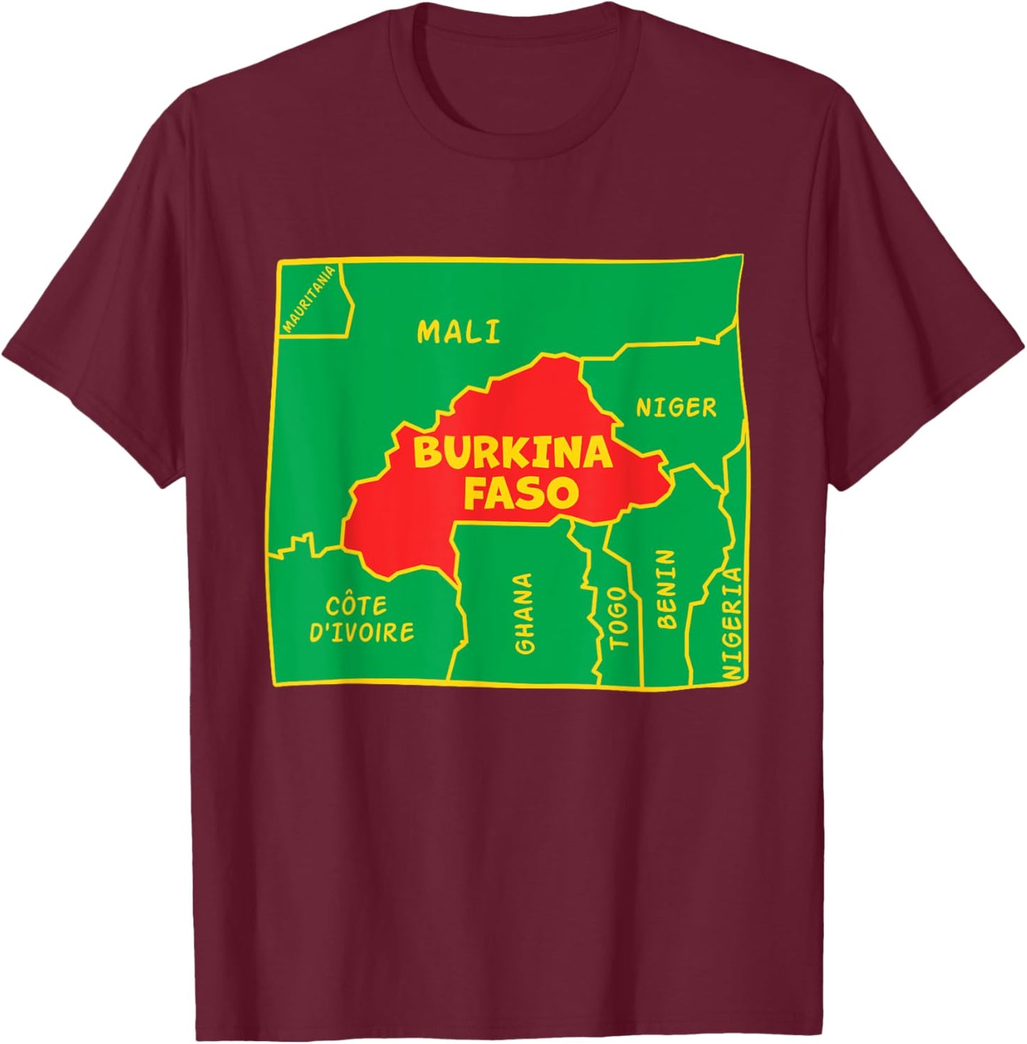 Burkina Faso Map in flag colors. Surrounding countries T-Shirt - T-Shirt | Maroon