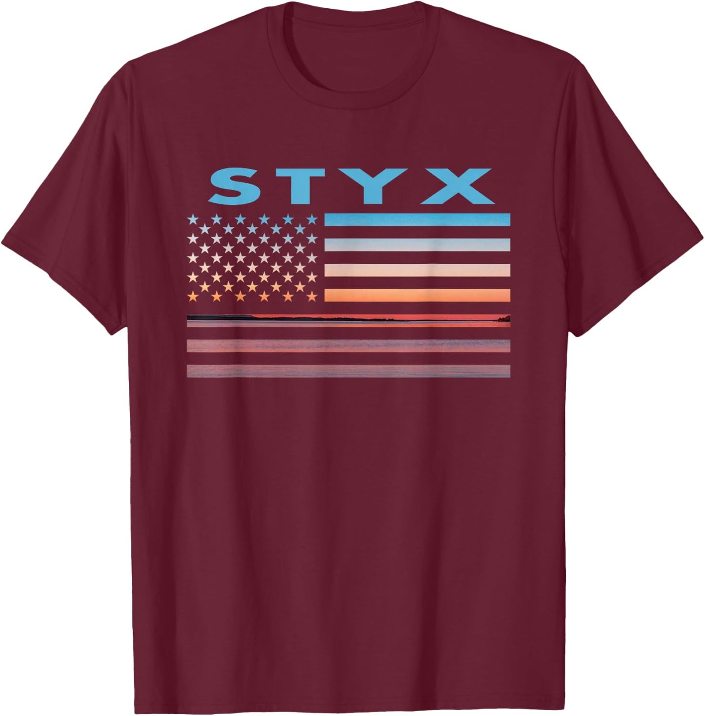 Vintage Sunset American Flag Styx, Texas T-Shirt - T-Shirt | Maroon