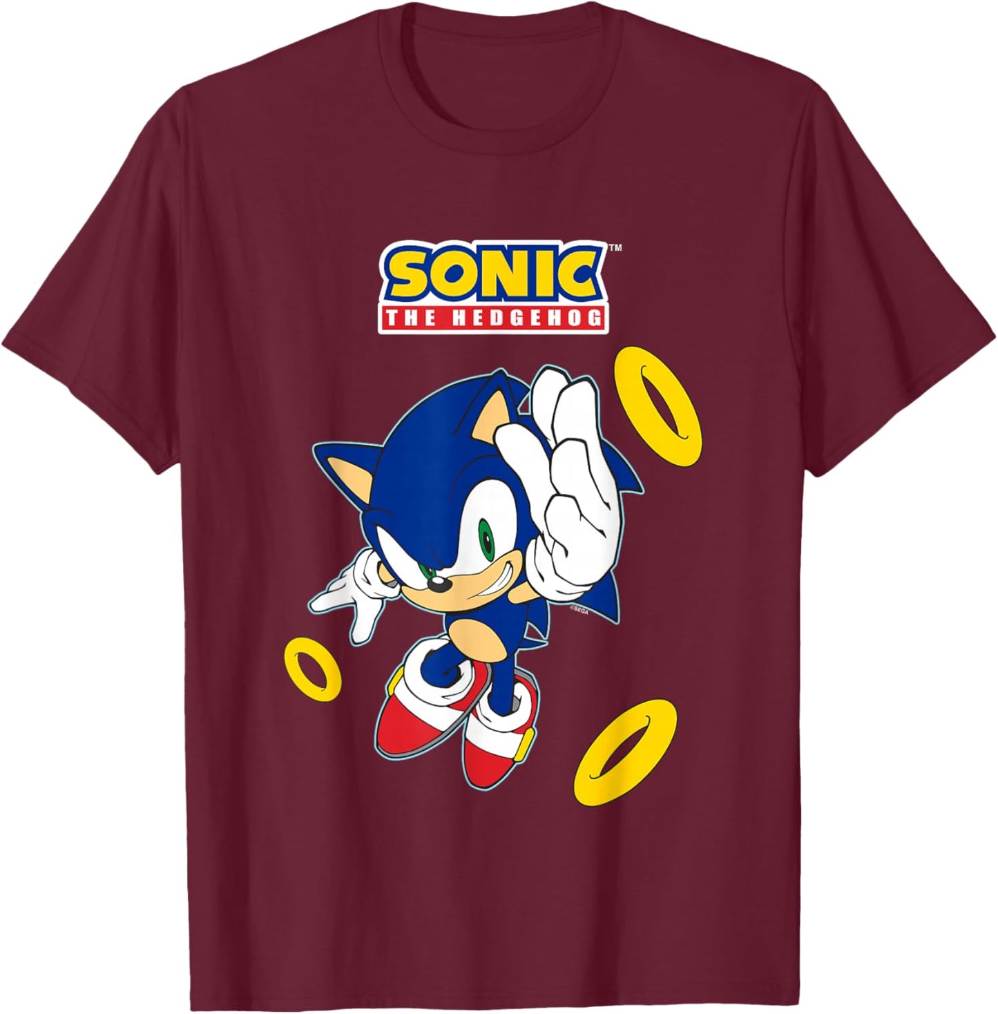 Sonic The Hedgehog In A Hurry Golden Rings Cool Shot T-Shirt - T-Shirt | Maroon