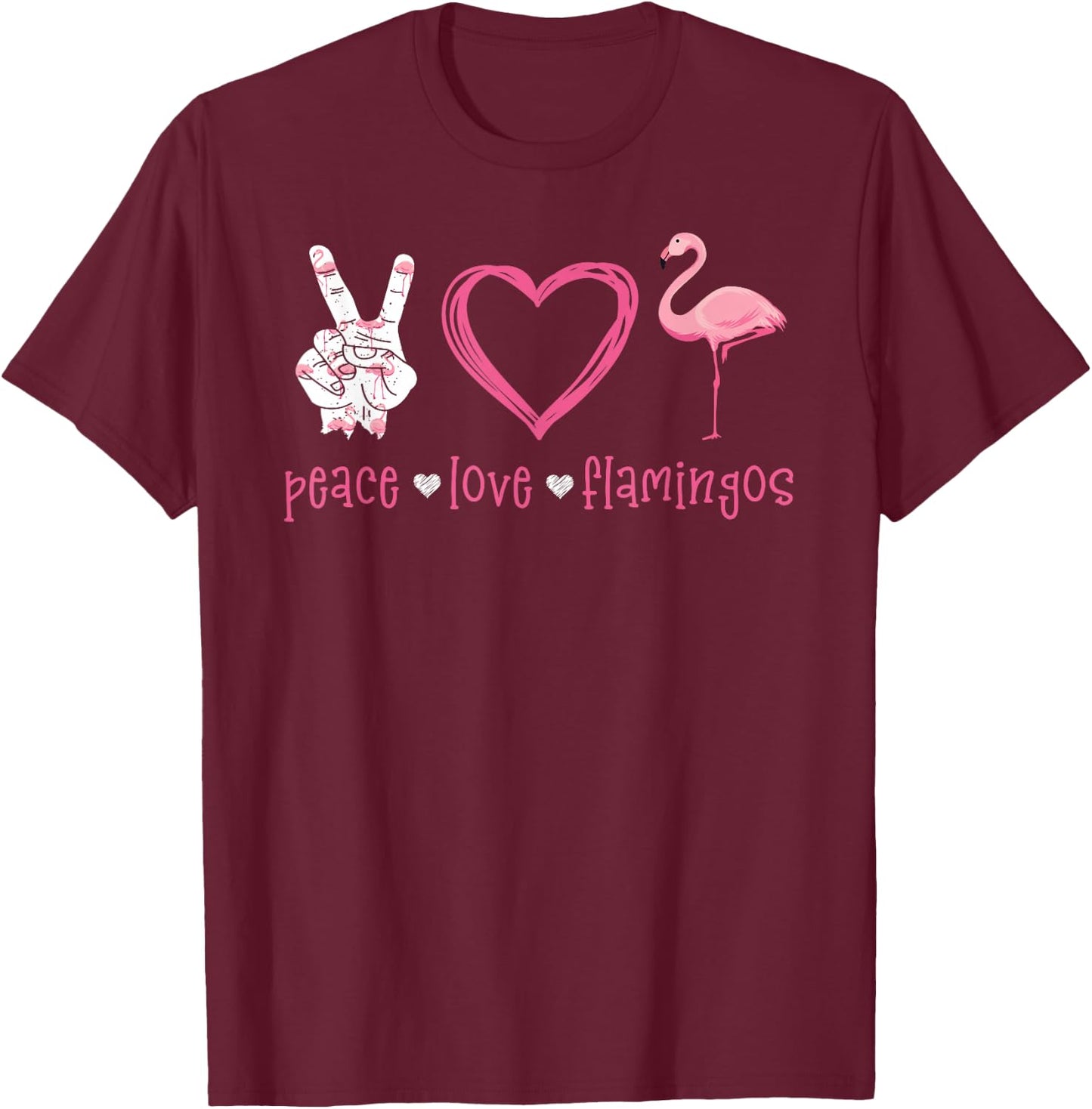 Peace Love Flamingo Hand Sign Heart Flamingo Lovers T-Shirt - T-Shirt | Maroon