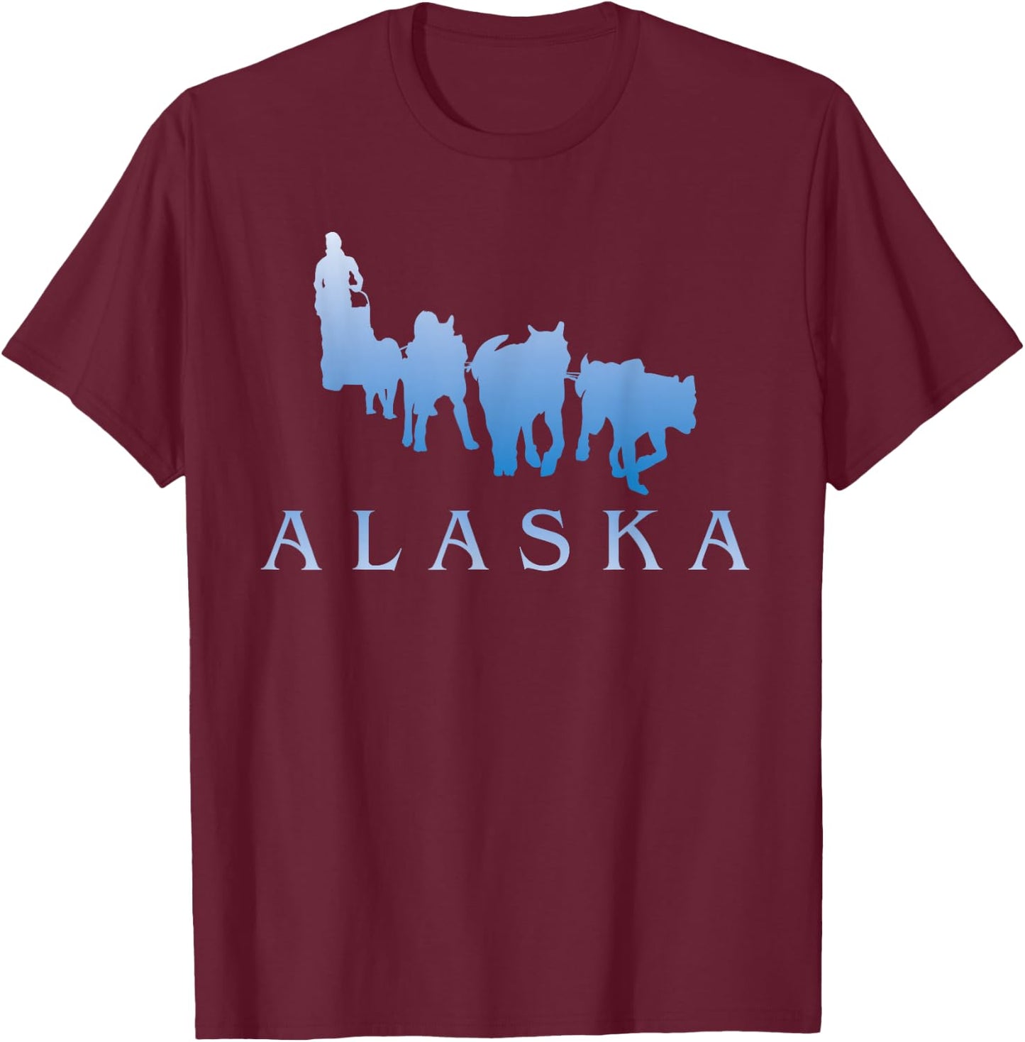 Alaska Sled Dogs Mushing Team Snow Sledding Mountain Scene T-Shirt - T-Shirt | Maroon