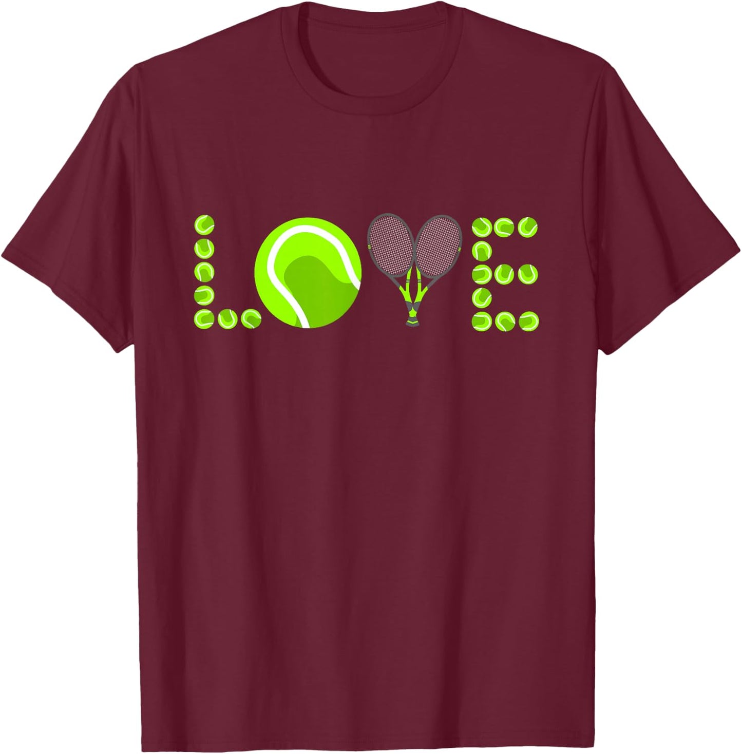 Tennis Graphic Green Player Racket Pattern Love Logo Ball T-Shirt - T-Shirt | Maroon