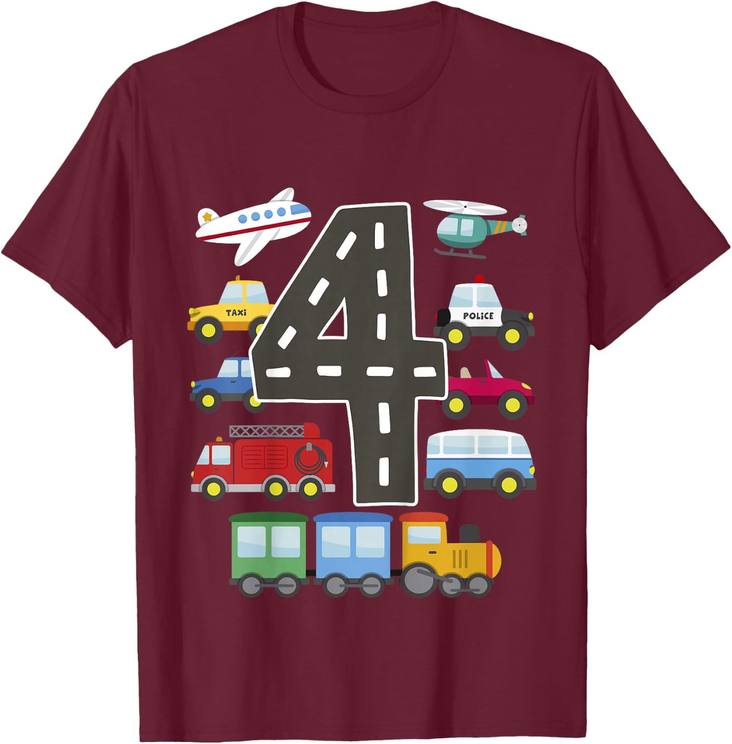 4 Year Old Transportation Birthday Car Train Plane 4th Gift T-Shirt - T-Shirt | Maroon