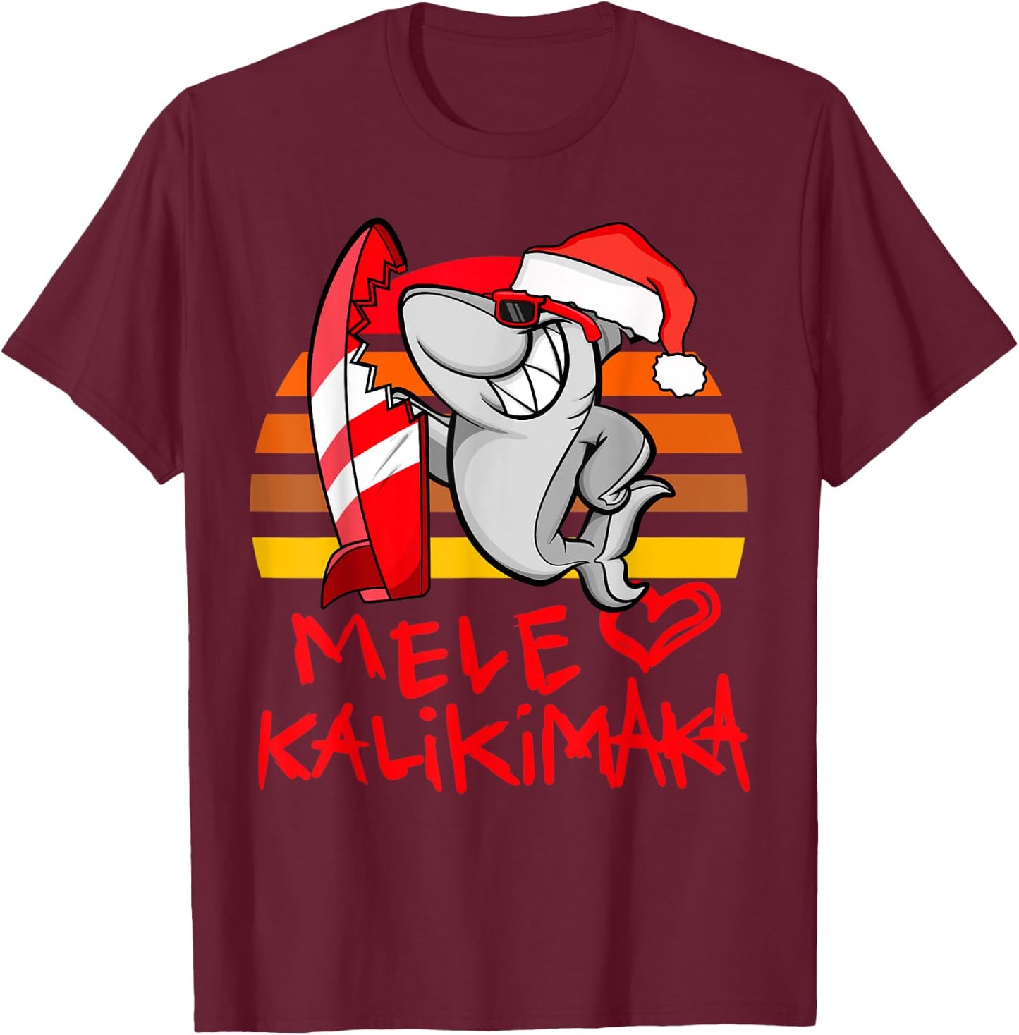 Mele Kalikimaka Christmas Shark Retro Sunset T-Shirt - T-Shirt | Maroon