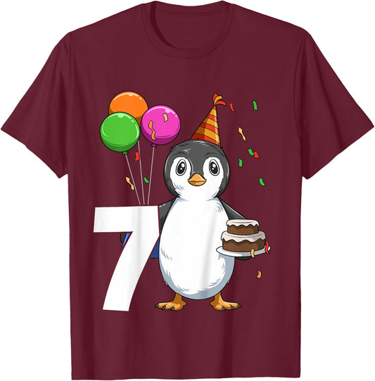 Penguin Birthday 7 Penguin 7th Birthday Outfit Penguin Party T-Shirt - T-Shirt | Maroon