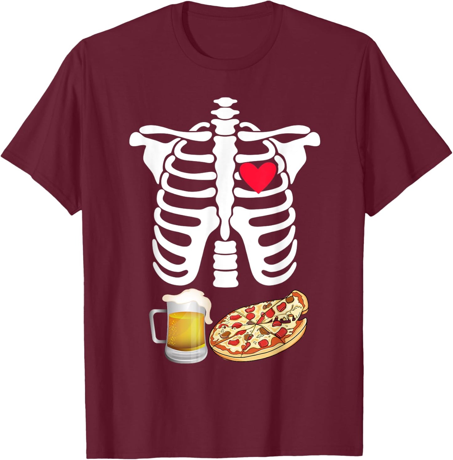 Skeleton Pregnancy Beer Pizza X-Ray Halloween Costume T-Shirt - T-Shirt | Maroon