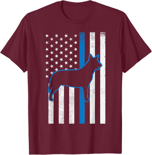Thin Blue Line US Flag Heeler Police Cattle Dog Patriot Gift Men Women Kids T-Shirt - T-Shirt | Maroon