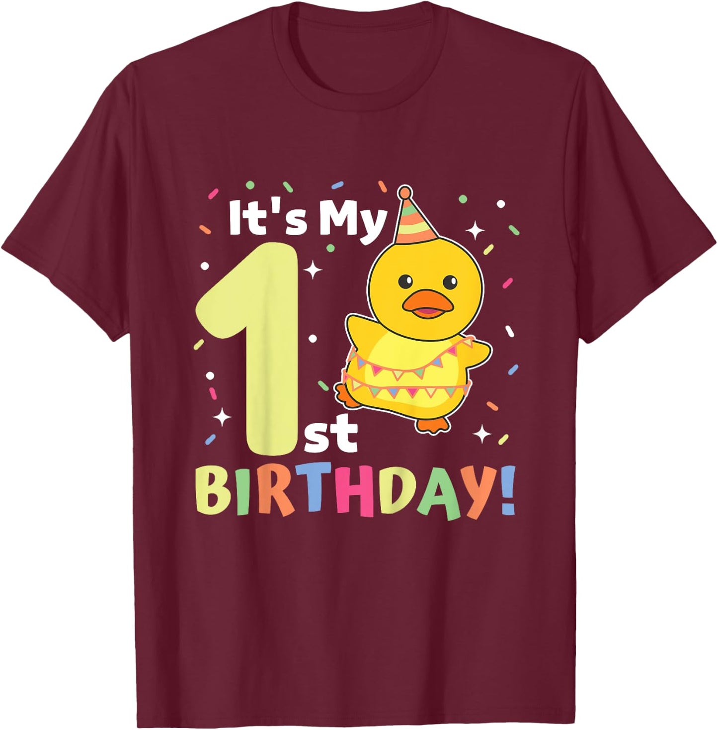 Duck 1st Birthday For Kids One Year Old Duck T-Shirt - T-Shirt | Maroon