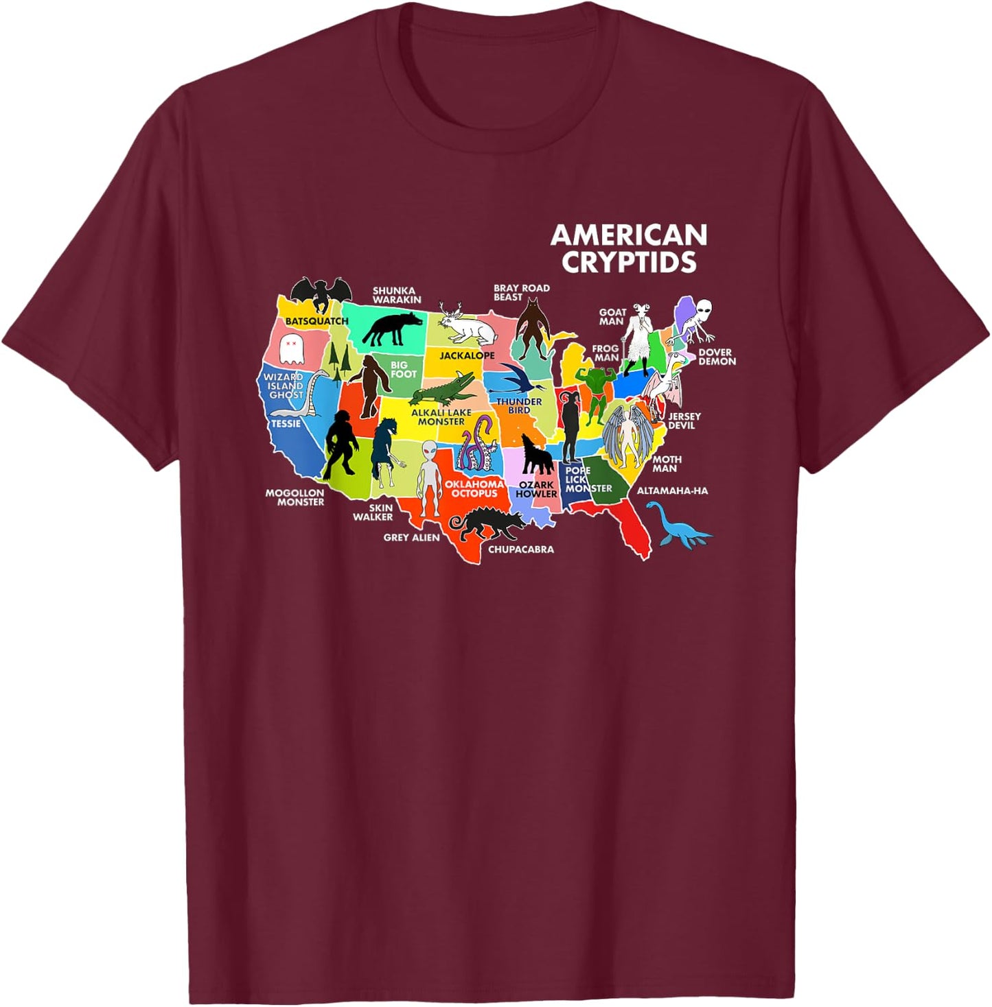 Cryptids Map of the USA T-Shirt - T-Shirt | Maroon