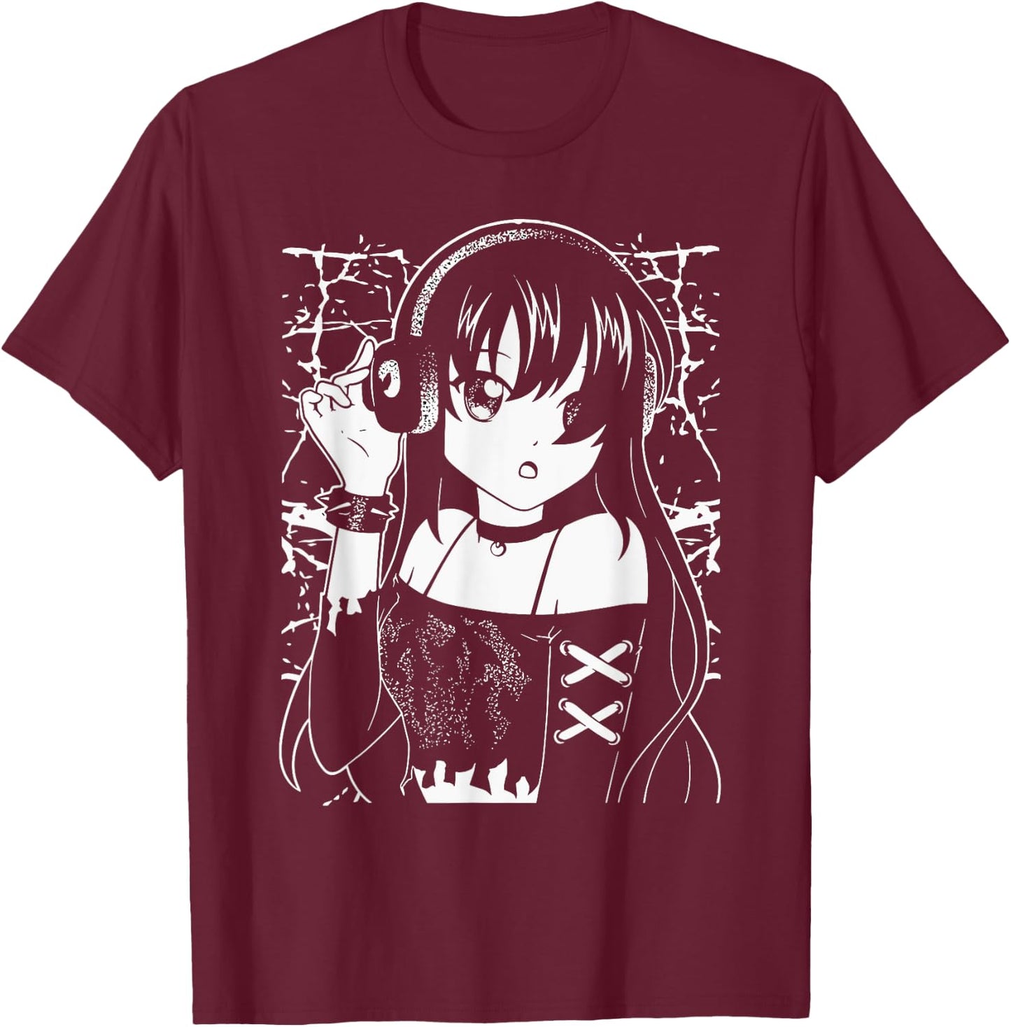 Anime Music Enthusiast Anime Girl with Headphones Gothic T-Shirt - T-Shirt | Maroon