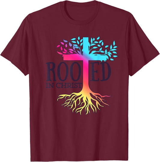Rooted in Christ Tree Roots T-Shirt - T-Shirt | Maroon