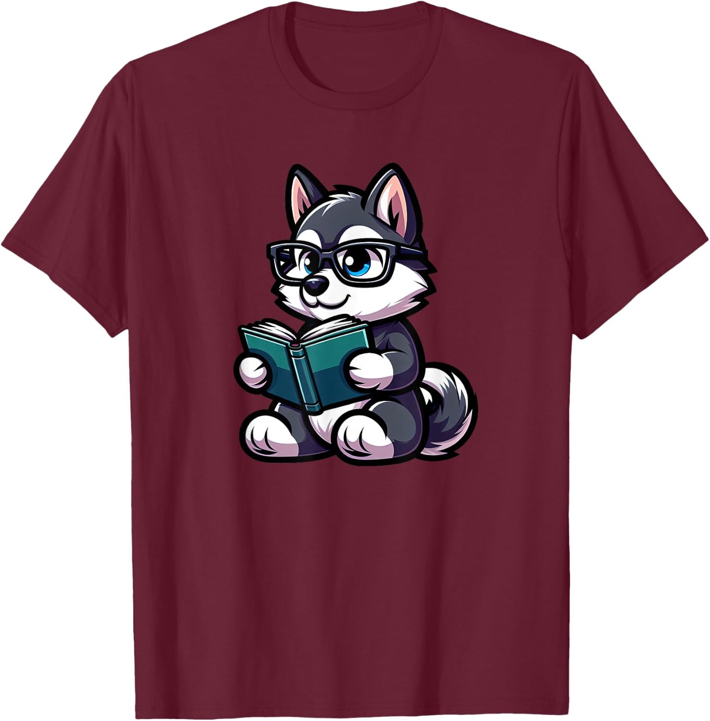 Husky Reading Funny Dog Book Lover T-Shirt - T-Shirt | Maroon