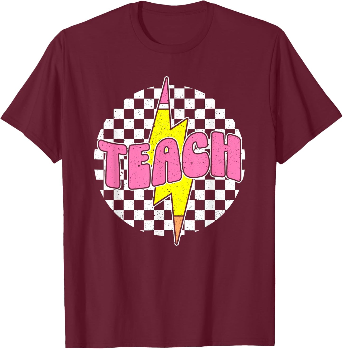 Checkered Teach Pencil Lightning Bolt Back To School T-Shirt - T-Shirt | Maroon
