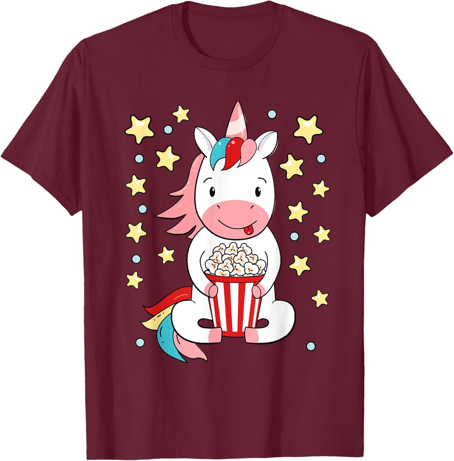 Kawaii Unicorn Popcorn For Movie Enthusiasts, Movie Night T-Shirt - T-Shirt | Maroon