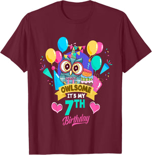 Seven Year Old Birthday Owlsome It's My 7th Birthday Owl T-Shirt - T-Shirt | Maroon