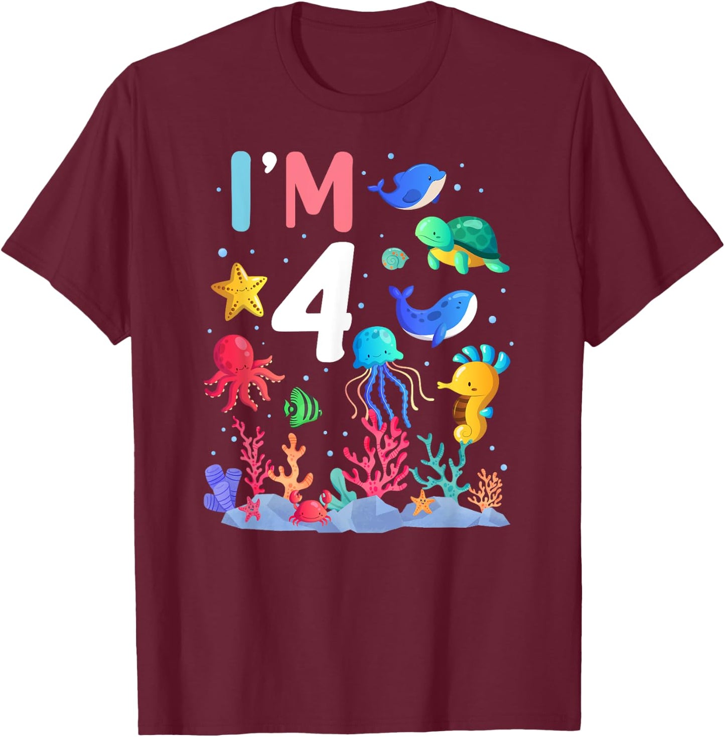 4th Birthday Party Turtle Jellyfish I'm 4 Years Old age Bday T-Shirt - T-Shirt | Maroon