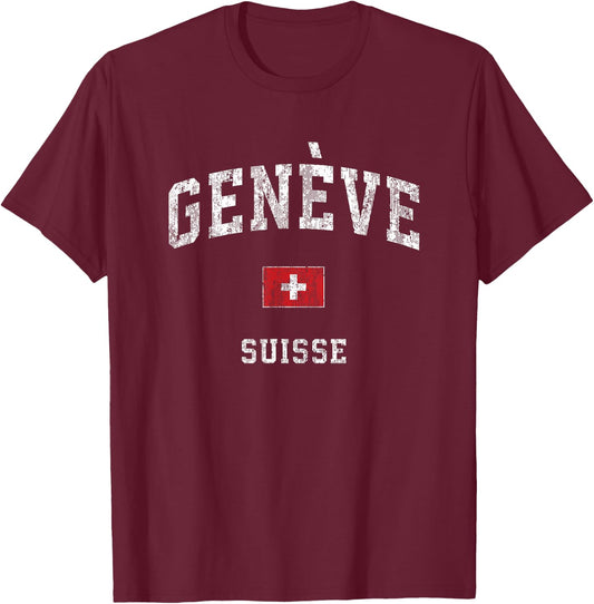 Geneva Suisse Switzerland Vintage Athletic Sports Design T-Shirt - T-Shirt | Maroon