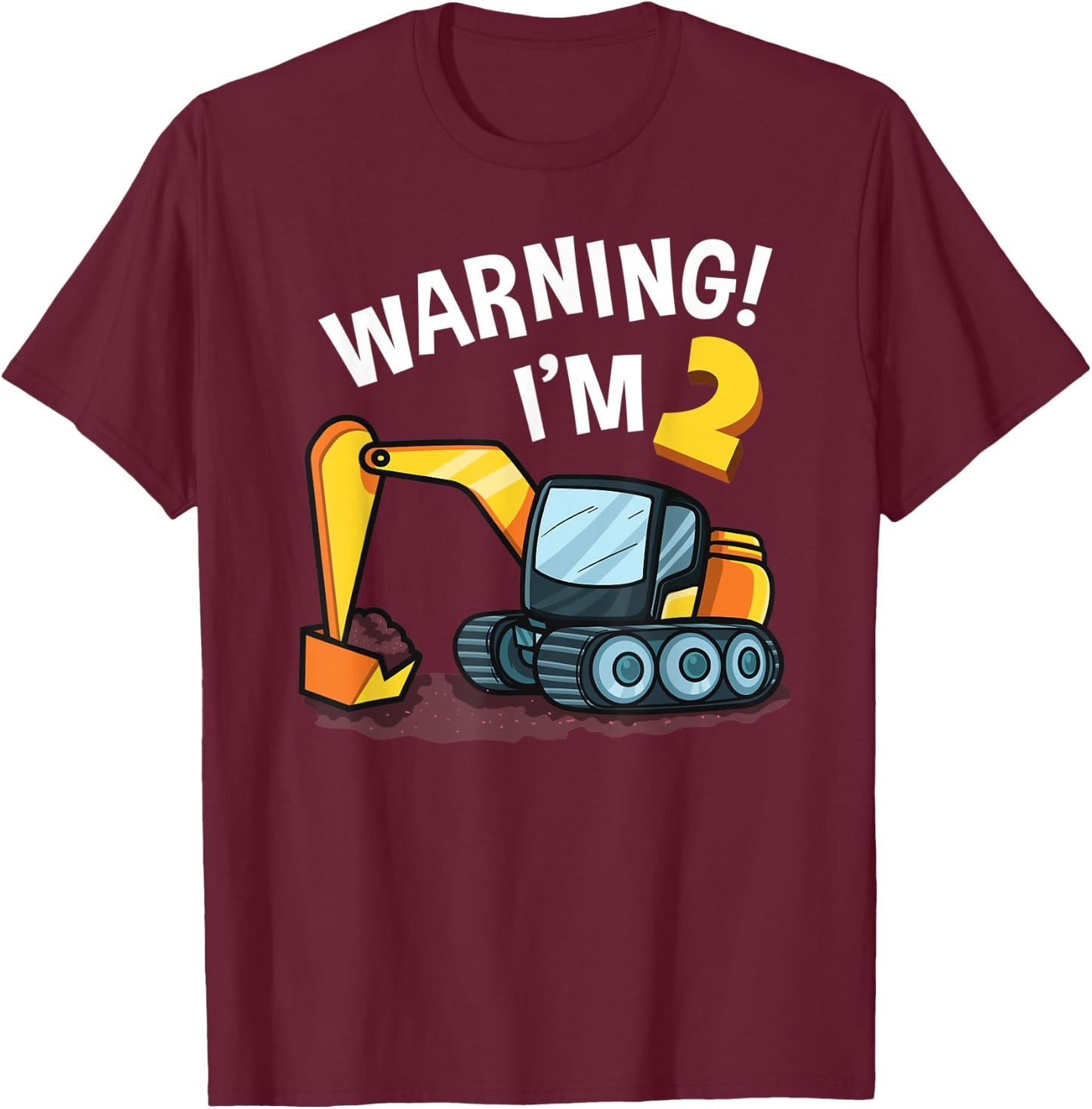 Warning I'm 2 Funny Excavator 2nd Birthday Boy Gift Kids T-Shirt - T-Shirt | Maroon