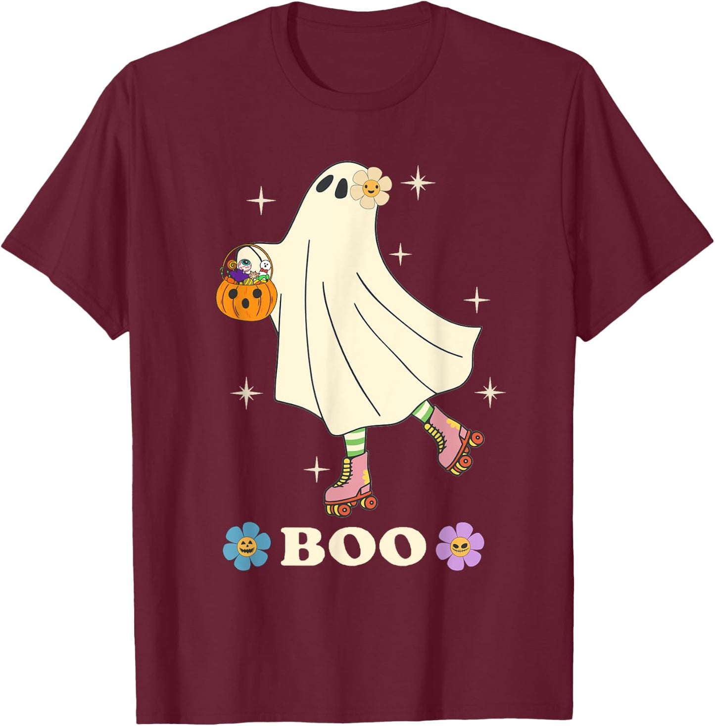 Boo Roller Skating Hippie Ghost Love Roller Skate Halloween T-Shirt - T-Shirt | Maroon