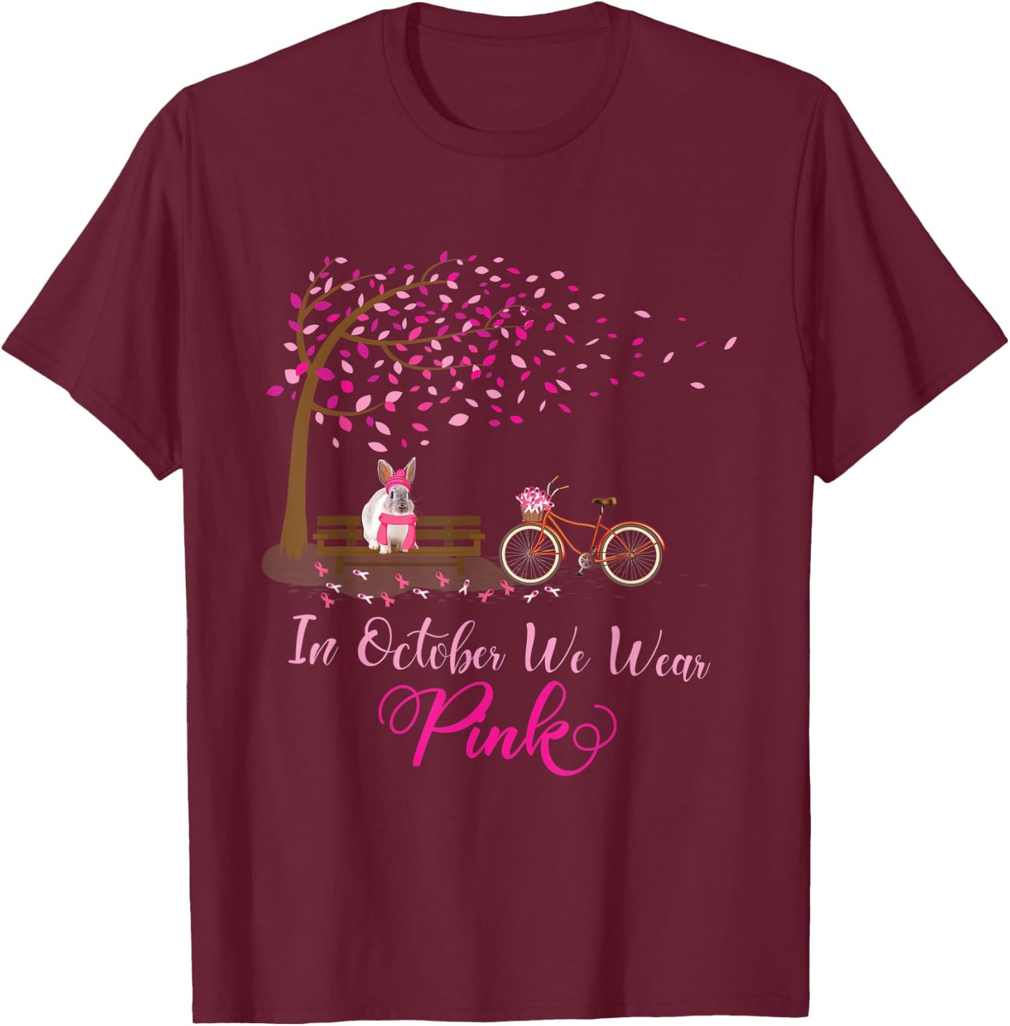 In October We Wear Pink Rabbit Fall Leaves Breast Cancer T-Shirt - T-Shirt | Maroon