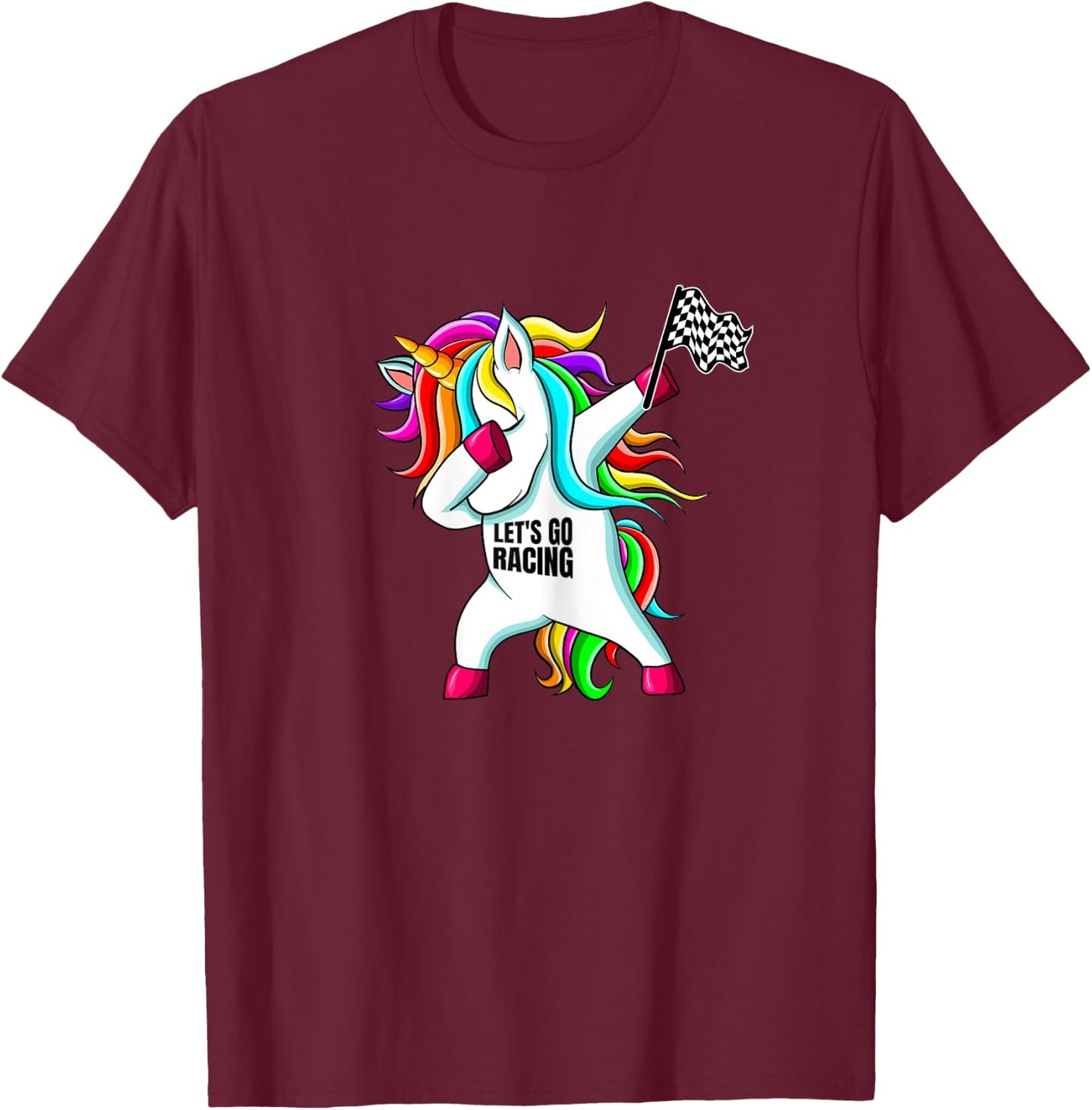 Race Car Racing Dabbing Unicorn Checkered Flag T-Shirt - T-Shirt | Maroon