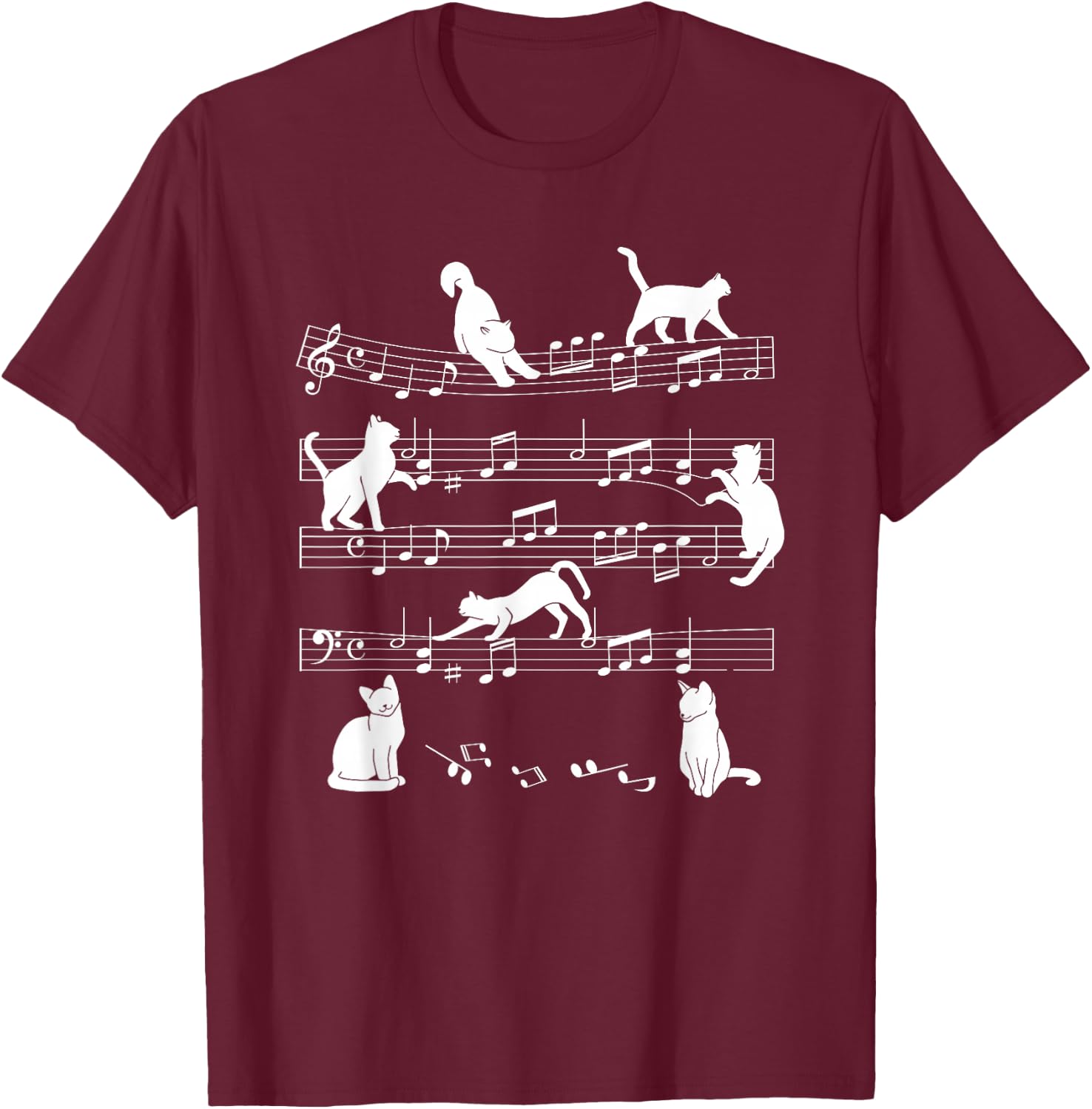 Cute Cat Kitty Playing Music Note Clef Musician Art T-Shirt - T-Shirt | Maroon