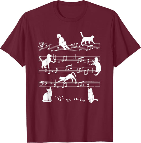 Cute Cat Kitty Playing Music Note Clef Musician Art T-Shirt - T-Shirt | Maroon
