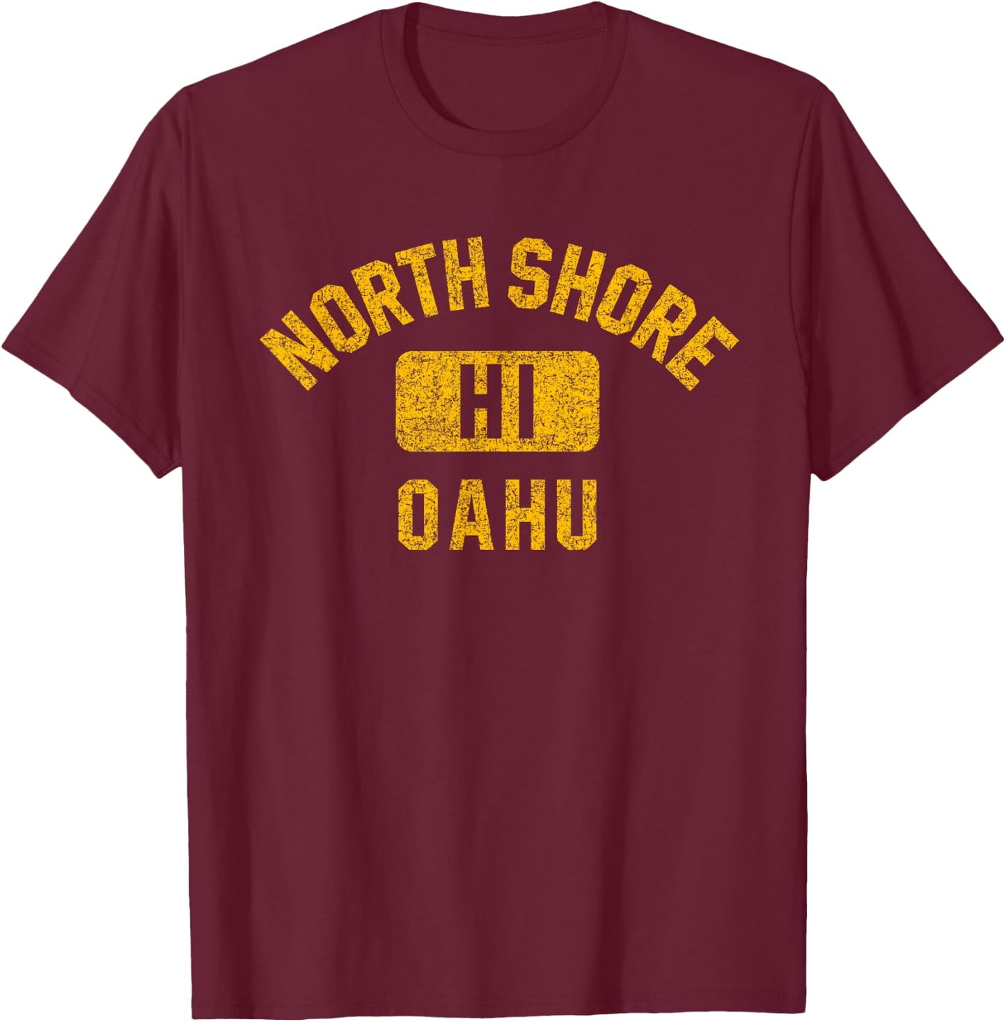 North Shore Oahu Gym Style Distressed Amber Print T-Shirt - T-Shirt | Maroon