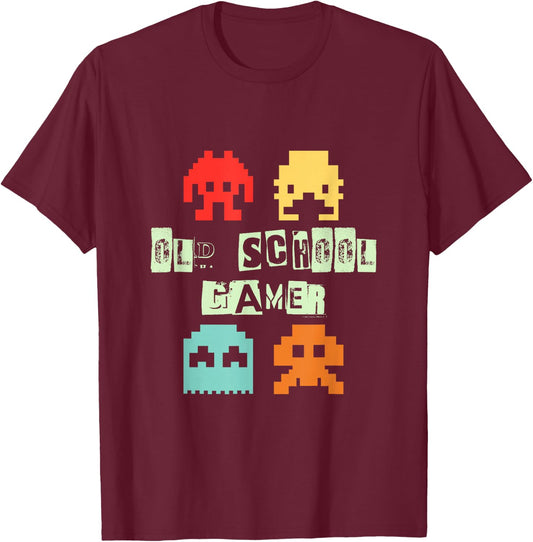 Old Vintage School Gamer - Retro Space Alien Invaders T-Shirt - T-Shirt | Maroon