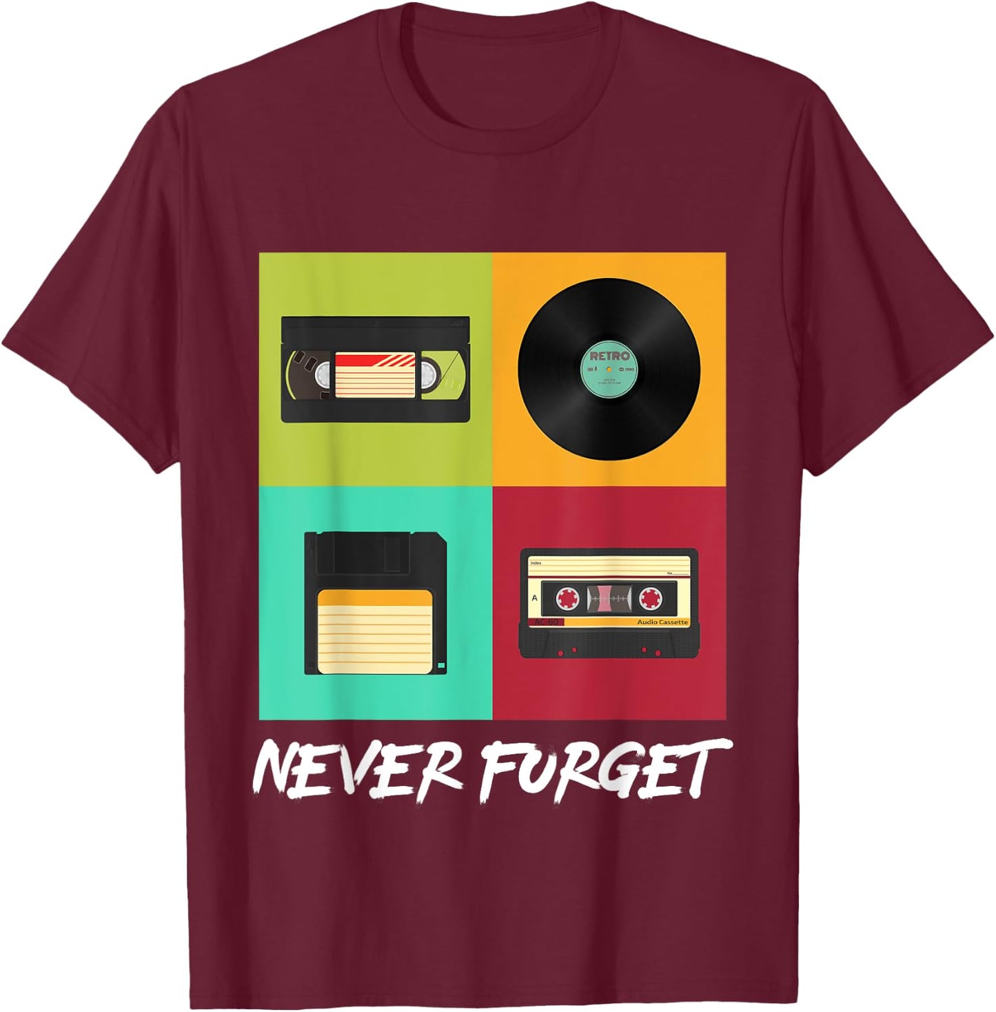 Never Forget Vintage Floppy Disk Video Tape Music Disc Style T-Shirt - T-Shirt | Maroon